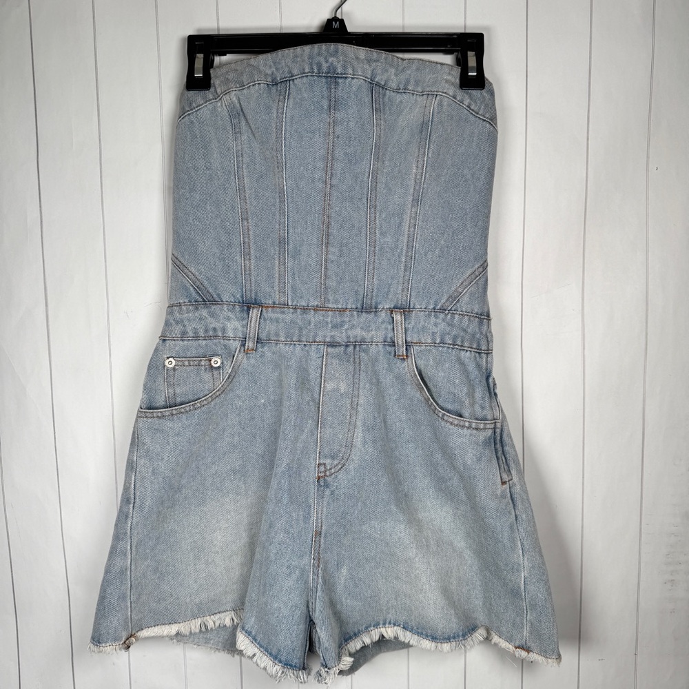 PAPERMOON‎ Strapless Denim Mini Romper Western Cowgirl Rodeo Festival Summer M